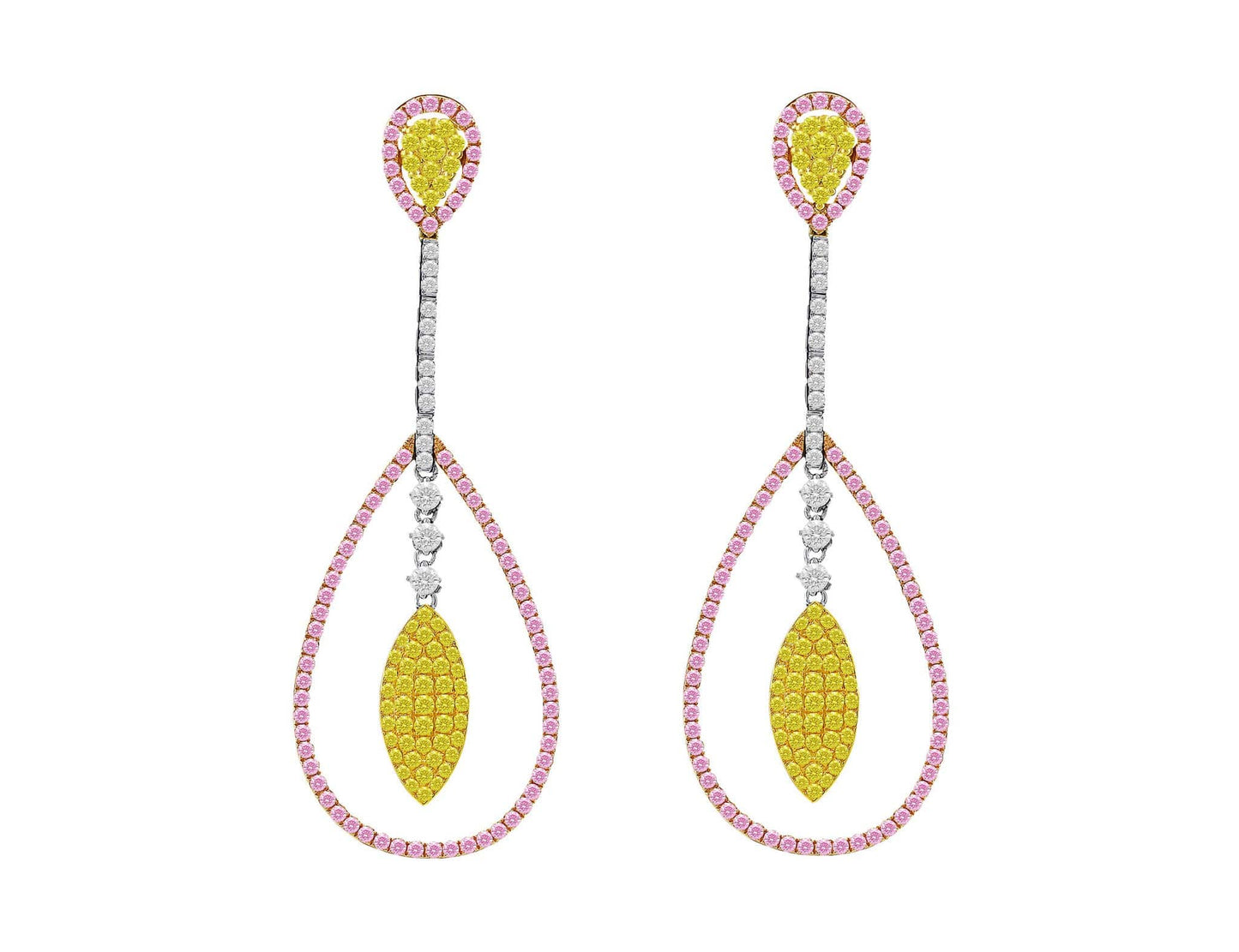 18k Gold Pink, Yellow and White Diamond Pear Shaped Drop Earrings