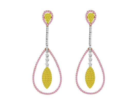 18k Gold Pink, Yellow and White Diamond Pear Shaped Drop Earrings