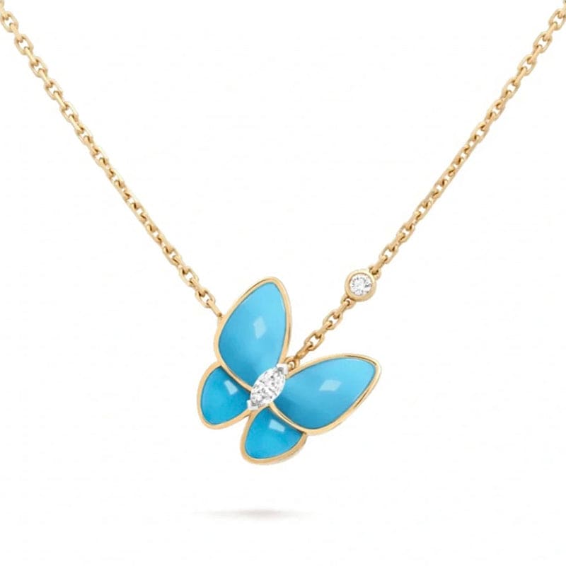 18K Celestial Two Butterfly Pendant with Diamond & Turquoise Necklace
