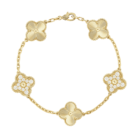 18K Celestial Vintage Alhambra Five Motifs Diamonds Clover Bracelet