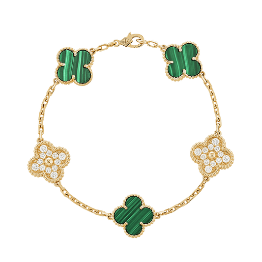 18K Celestial Vintage Alhambra Five Motifs Malachite Diamonds Clover Bracelet