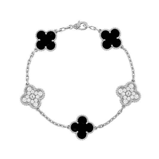 18K Celestial Vintage Alhambra Five Motifs Black Diamonds Clover Bracelet