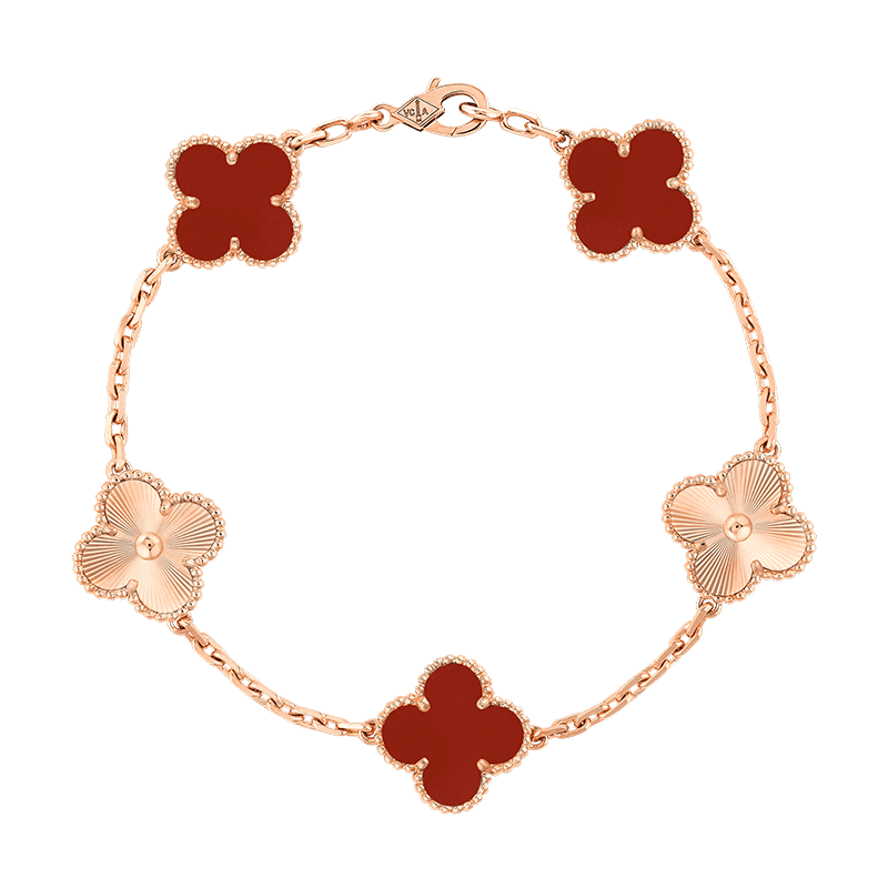 18K Celestial Vintage Alhambra Five Motifs Carnelian Clover Bracelet