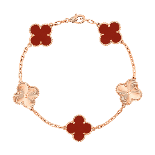 18K Celestial Vintage Alhambra Five Motifs Carnelian Clover Bracelet