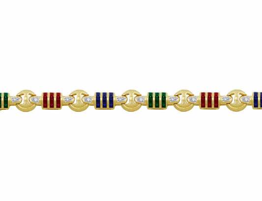 14kt Yellow Gold Diamond, Sapphire, Emerald & Ruby Bracelet