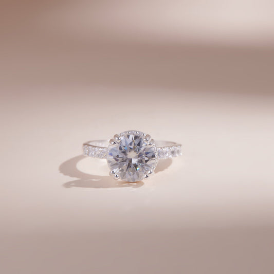 ELVORIA 9mm Moissanite Engagement Ring GRA ELVDA10 – Platinum Plated 925 Sterling Silver