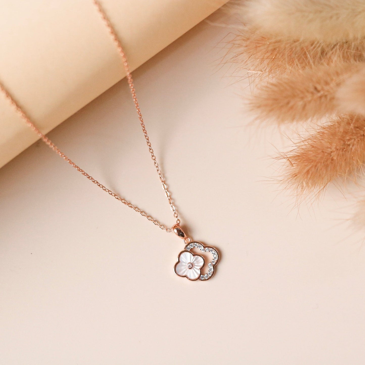 ELVORIA 18K Rose Gold Plated Clover Necklace – 925 Sterling Silver