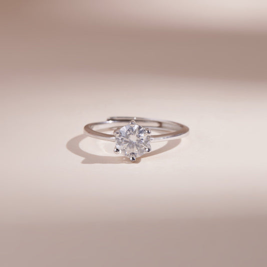 ELVORIA 6.5mm Moissanite Ring GRA ELVDA93 – Platinum Plated 925 Sterling Silver (Adjustable)
