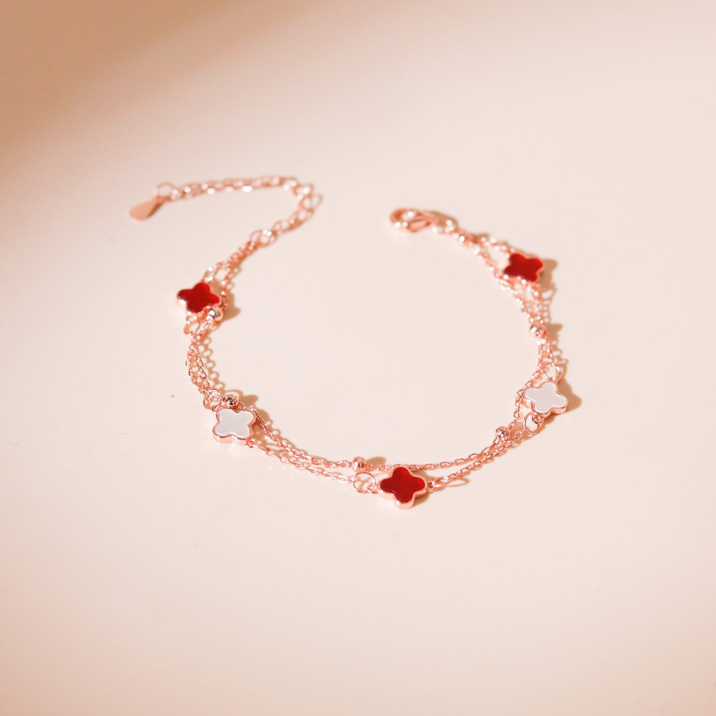 ELVORIA 18K Rose Gold Plated Ruby Clover Bracelet – 925 Sterling Silver