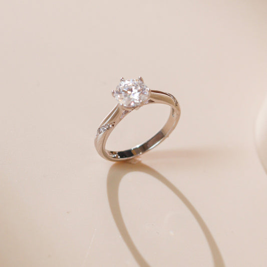 ELVORIA 6.5mm Moissanite Ring GRA ELVDA142– Platinum Plated 925 Sterling Silver