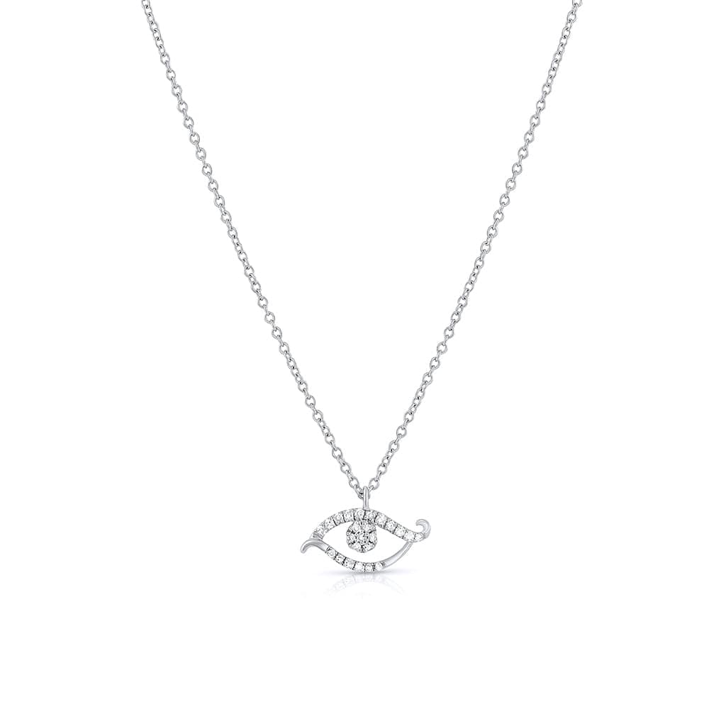 18K White Gold Diamond Scrolled Evil Eye Pendant Necklace