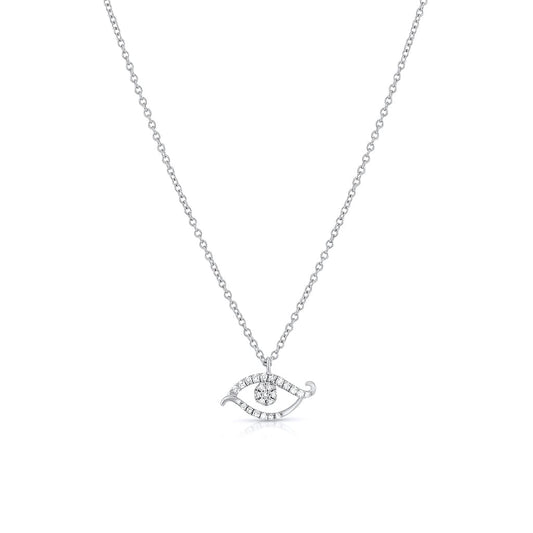18K White Gold Diamond Scrolled Evil Eye Pendant Necklace