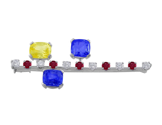 18kt White Gold Ruby Diamond Sapphire Pin
