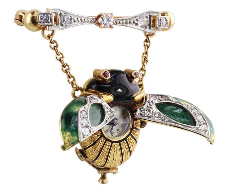 18K Yellow Gold Platinum Beetle Antique Enamel Art Nouveau Pendant Watch