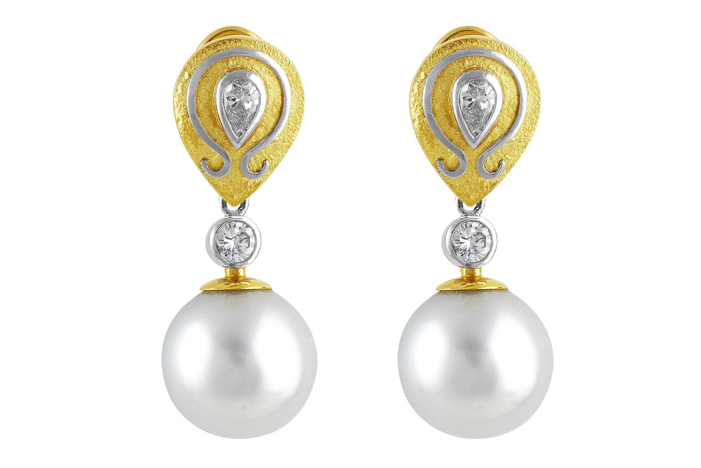 18k White Yellow Gold South Sea Pearl Earrings with Art Setting