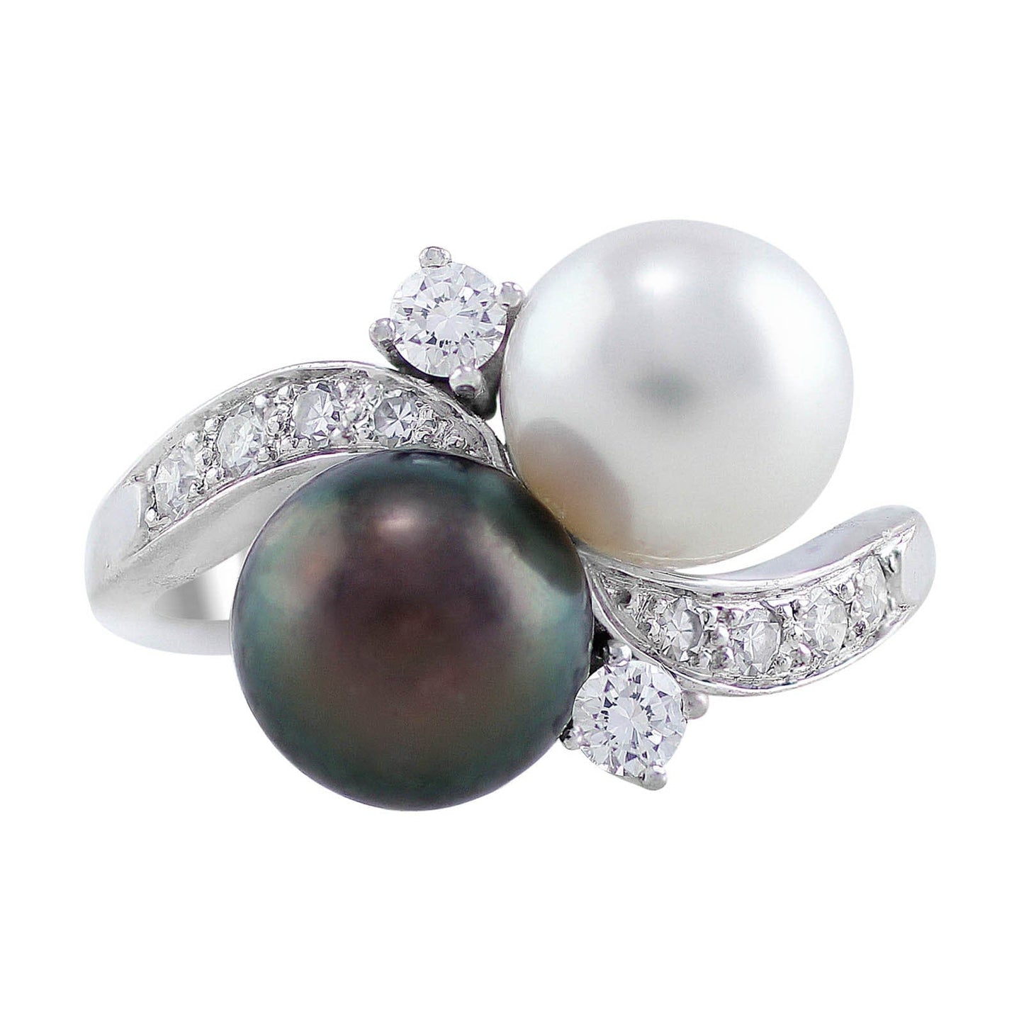 Estate 18k White Gold White and Tahitian Black Pearl Diamond Ring