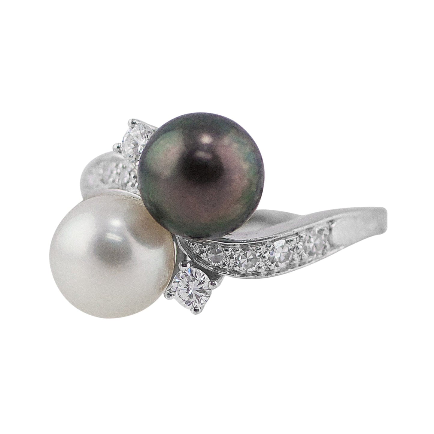 Estate 18k White Gold White and Tahitian Black Pearl Diamond Ring