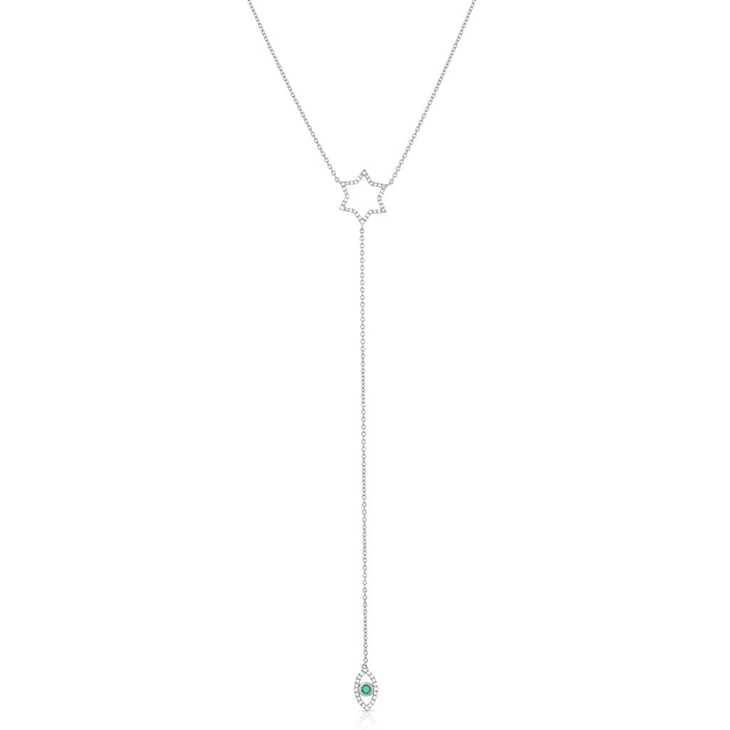 18K White Gold Diamond and Emerald Star of David Evil Eye Pendant Necklace