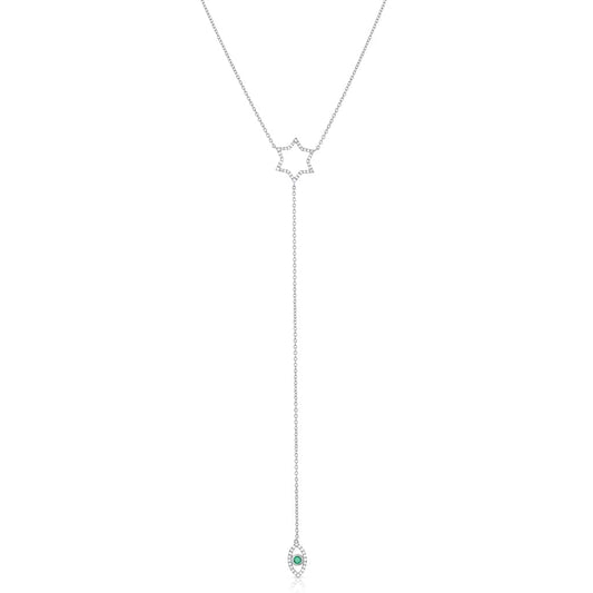 18K White Gold Diamond and Emerald Star of David Evil Eye Pendant Necklace