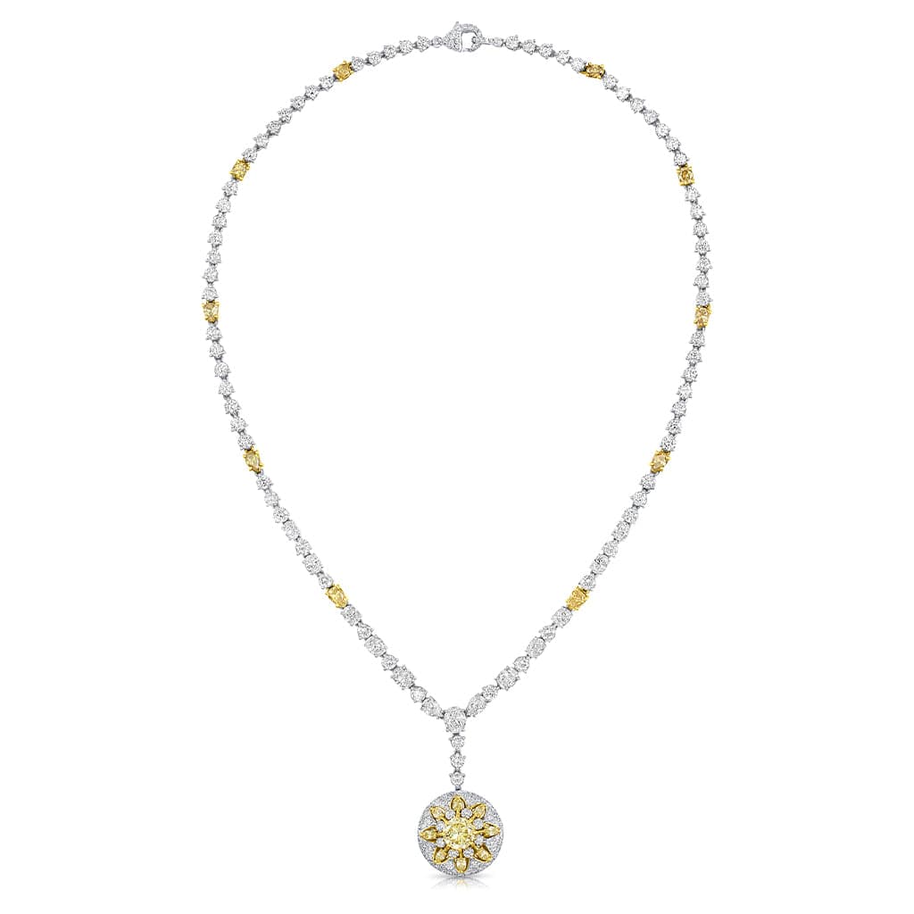 Rivière Platinum 18K Gold Fancy Yellow Diamond Sunburst Necklace, GIA Certified