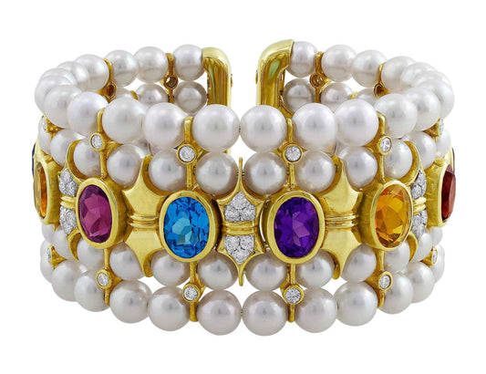 Estate 18kt Yellow Gold Pearl Diamond & Semi Precious Bracelet