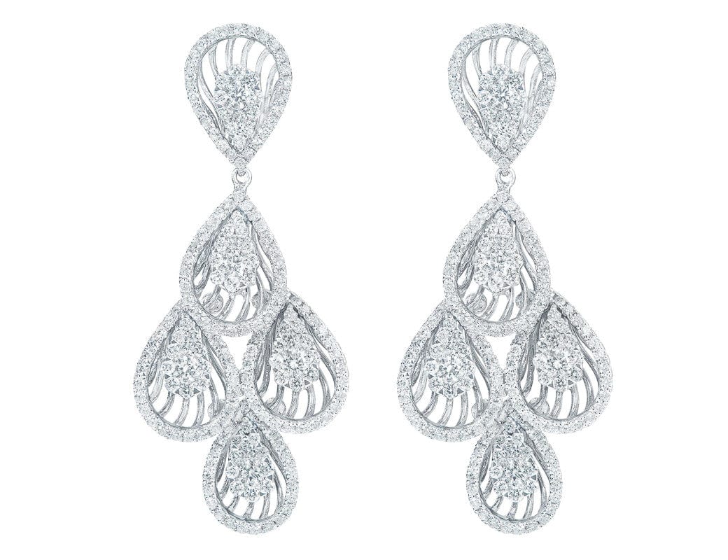Cascading 18k White Gold Diamond Tear Drop Motif Chandelier Earrings