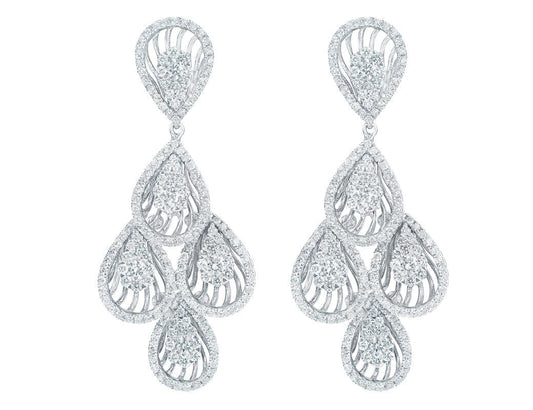 Cascading 18k White Gold Diamond Tear Drop Motif Chandelier Earrings