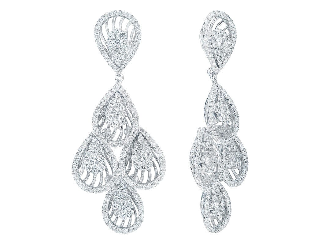 Cascading 18k White Gold Diamond Tear Drop Motif Chandelier Earrings