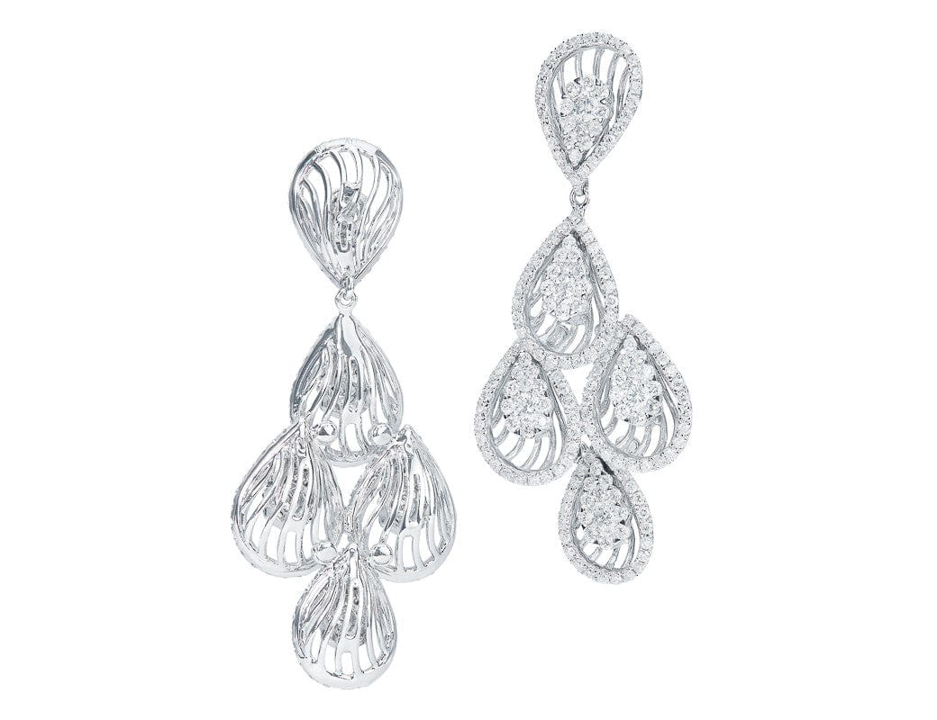 Cascading 18k White Gold Diamond Tear Drop Motif Chandelier Earrings