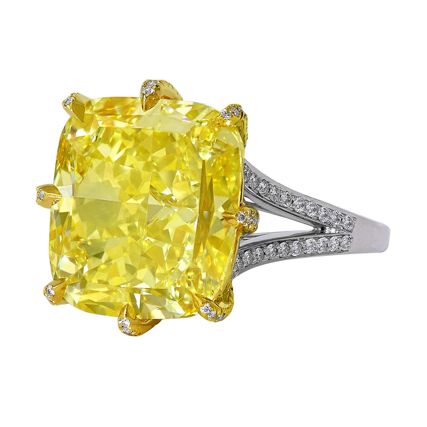 Platinum 10.01 Fancy Intense Yellow Cushion Diamond Ring