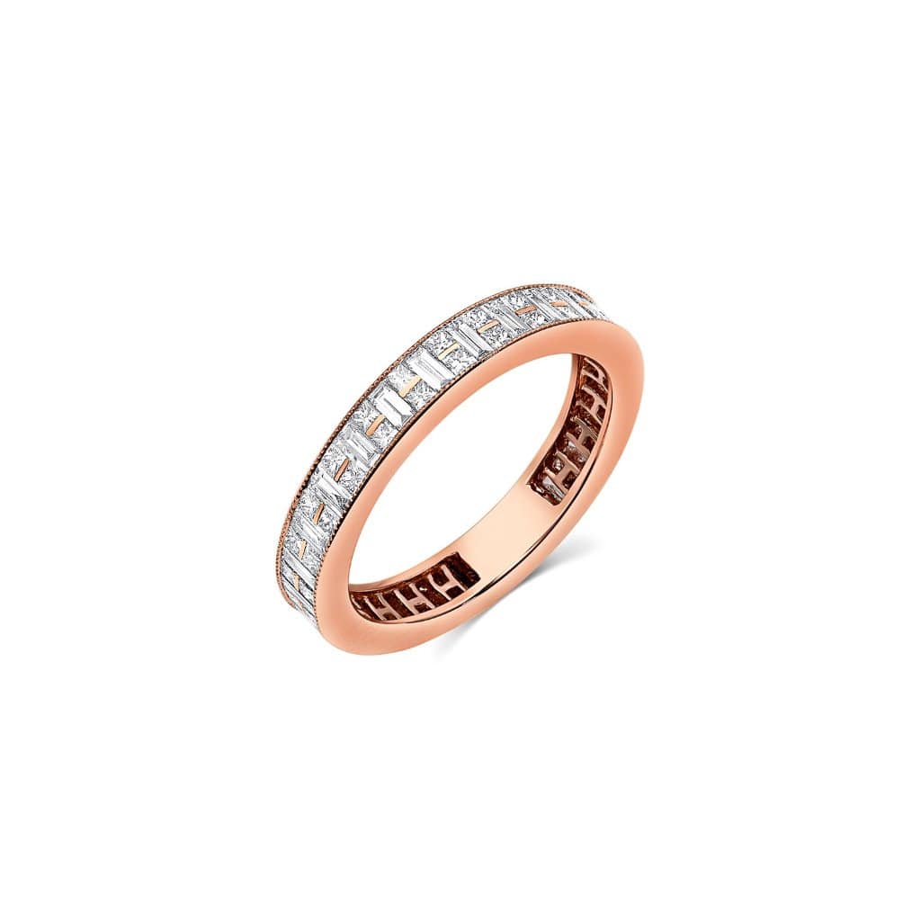 18kt Pink Gold Channel Set Baguette & Princess Cut Diamond Band