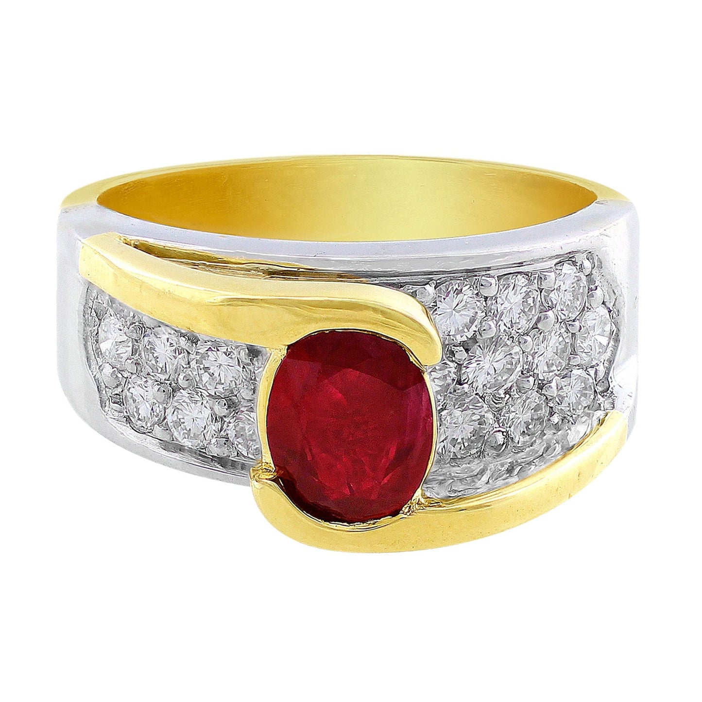 Estate 18k White Yellow Gold Ruby Diamond Crossover Ring