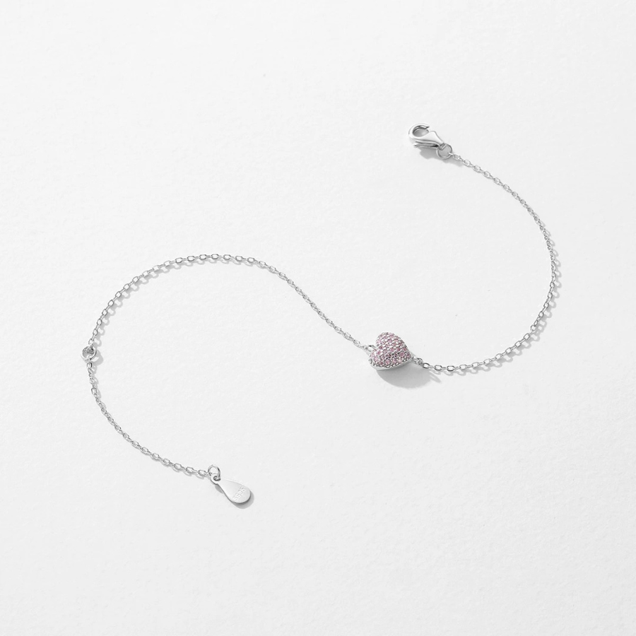 Romantic Pink Zircon Heart Bracelet – 925 Sterling Silver