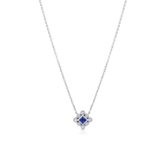 18K White Gold Sapphire Diamond Square Filigree Art Deco Necklace