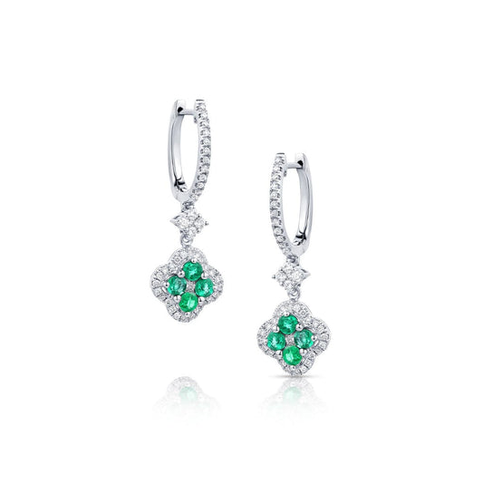 18kt White Gold 0.60ctw Emerald and 0.47ctw Diamond Quatrefoil Drop Earrings