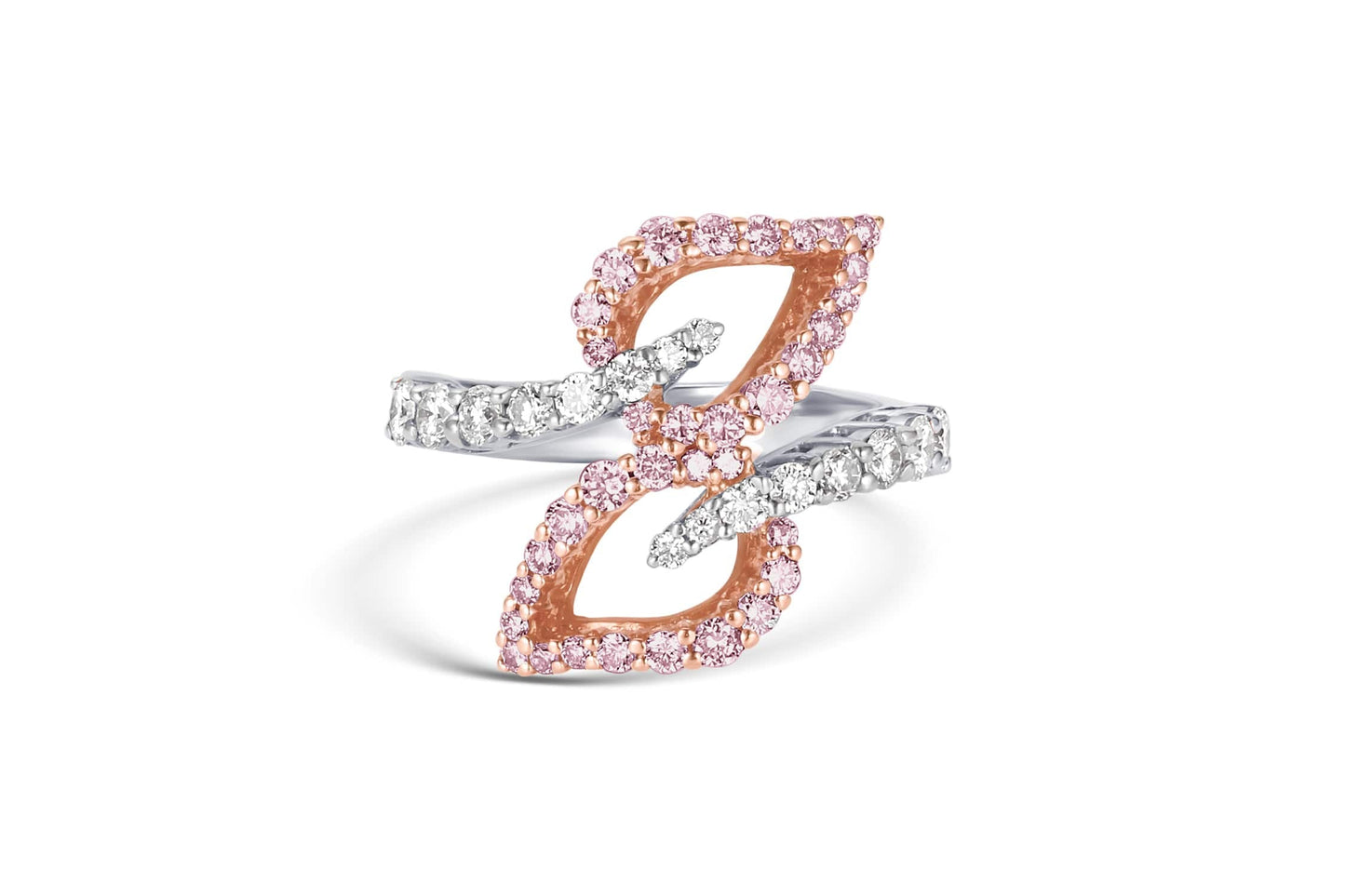 18K White & Rose Gold Fancy Pink and Diamond Bypass Leaf Ring