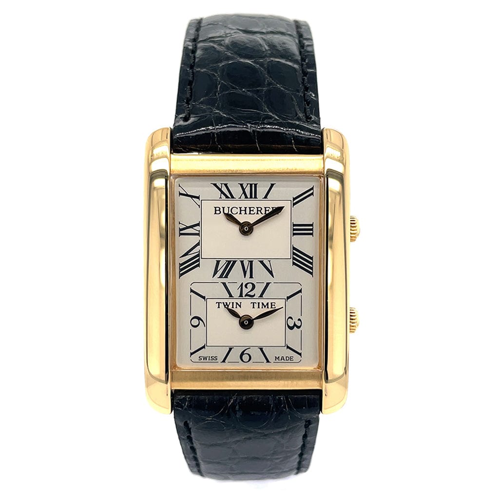Bucherer 18KY Rectangular Twin Time Quartz Watch - Pre-Owned