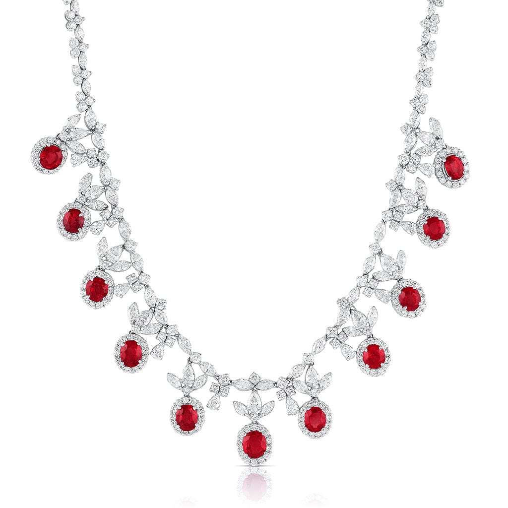 Platinum Burmese Ruby Diamond Necklace and Earring Set, Gubelin certified