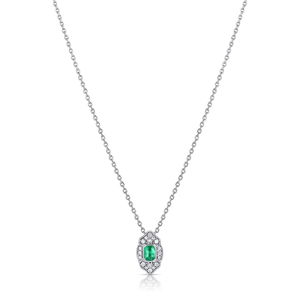 14kt White Gold Emerald Diamond Art Deco Design Necklace