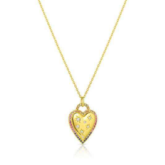 18kt Yellow Gold Rainbow Sapphire Diamond Heart Necklace