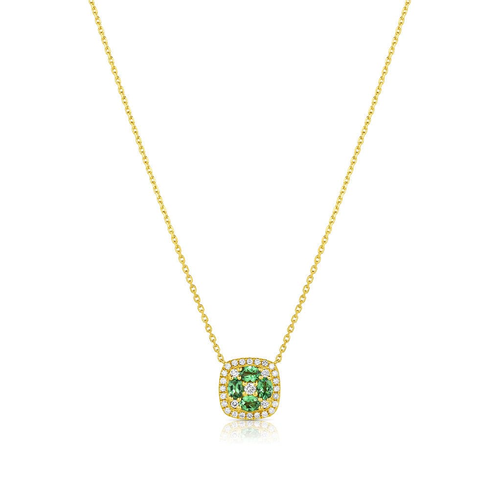 18kt Yellow Gold Green Garnet Diamond Cushion Pendant Necklace