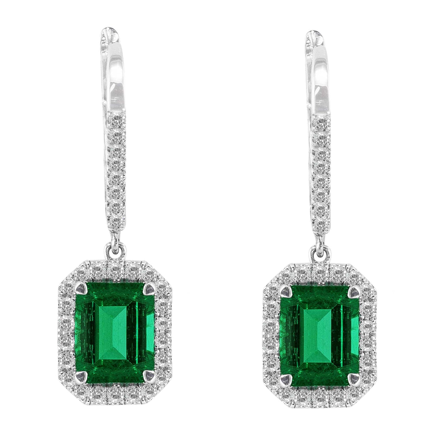18k White Gold Emerald Cut Emerald Diamond Drop Earrings
