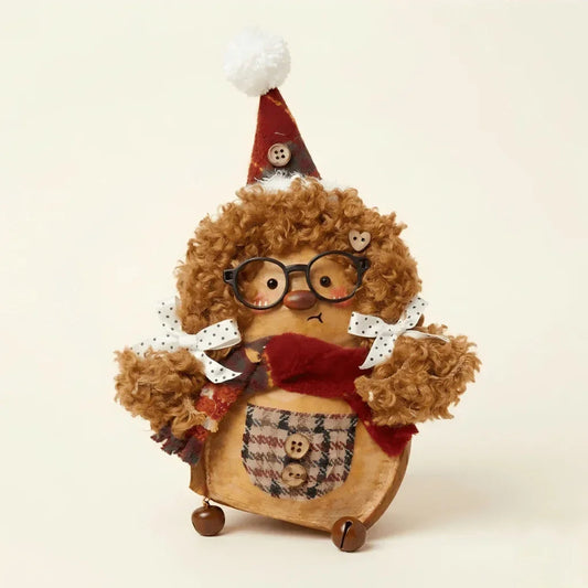 Cute handcrafted plush hedgehog figurine with curly fur, glasses, hat, and plaid pocket