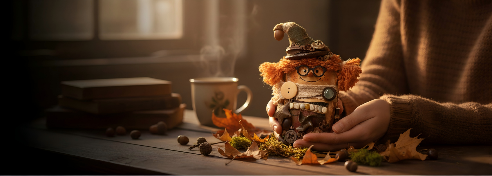 A close-up of a handmade forest sprite pod doll held in hands, with a warm, rustic woodland background.