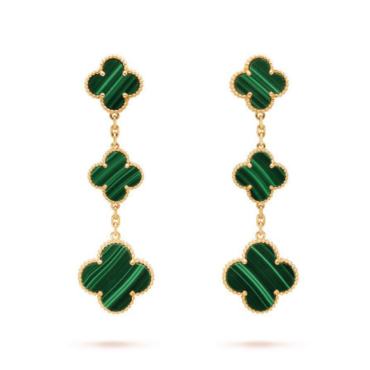 18K Celestial Magic Alhambra Three Malachite Motifs Clover Earrings