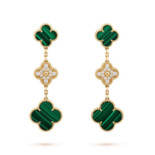 18K Celestial Magic Alhambra Three Malachite Motifs Clover Earrings