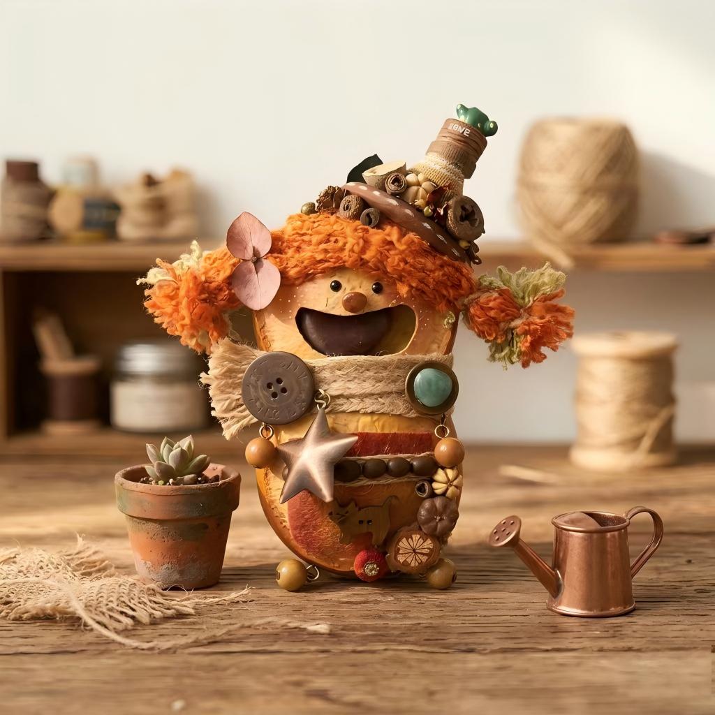 A 1:1 lifestyle scene of Momo standing on a rustic wooden artisan workbench, surrounded by natural acorns, star anise, and cotton branches in a glass vase, under soft window lighting