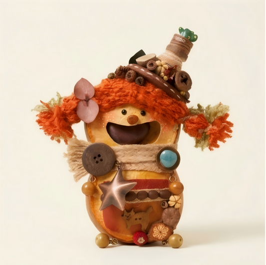 A high-definition 1:1 square product shot of Momo, a handcrafted gourd doll with a wide smile, orange curly hair, a bronze star charm, and a wooden cat detail, centered on a clean #FBFAF1 background.