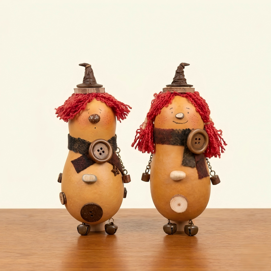 Two handcrafted Podo pod spirits with red hair and bells, designed as versatile home decor or hanging ornaments