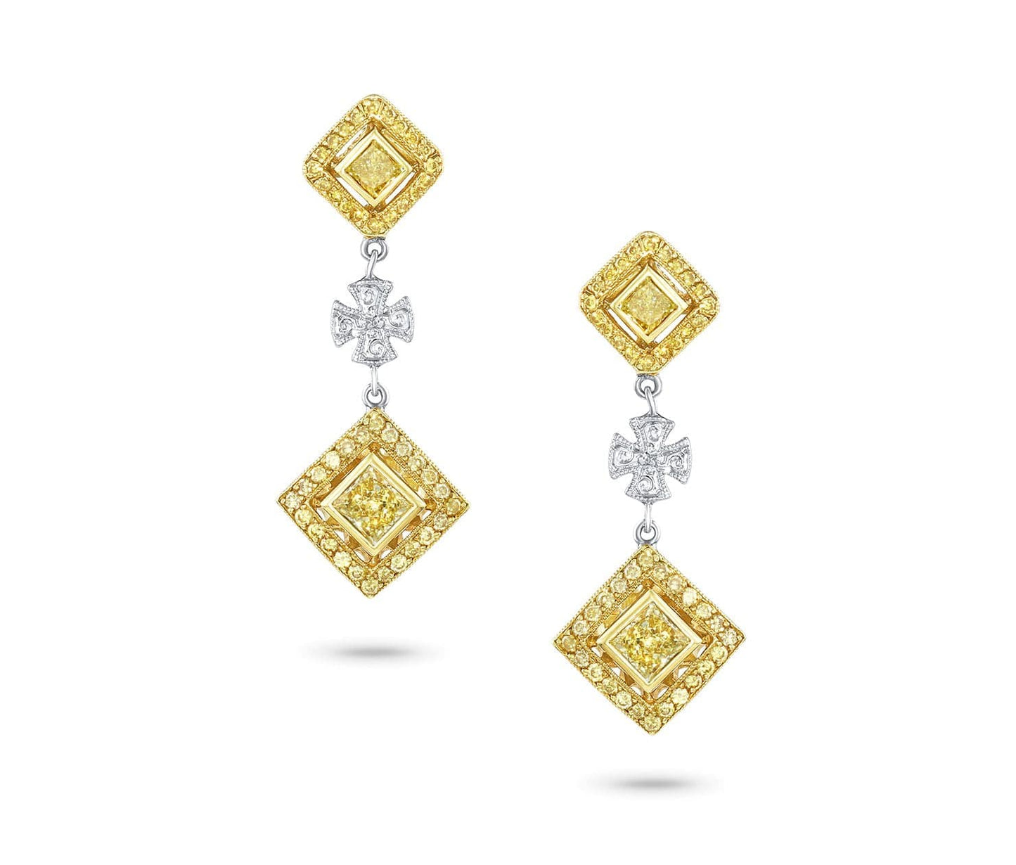 18k White Yellow Gold Fancy Yellow Diamond Maltese Cross Earrings